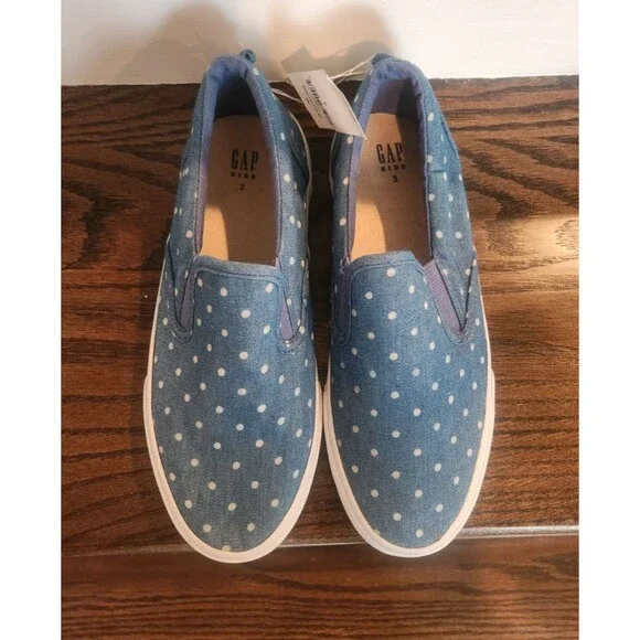 NEW- 2 Pair Lot-GAP Kids Girls Slip-on Sneakers Blue Denim Polka Dot Print-5 & 3 - Picture 3 of 16